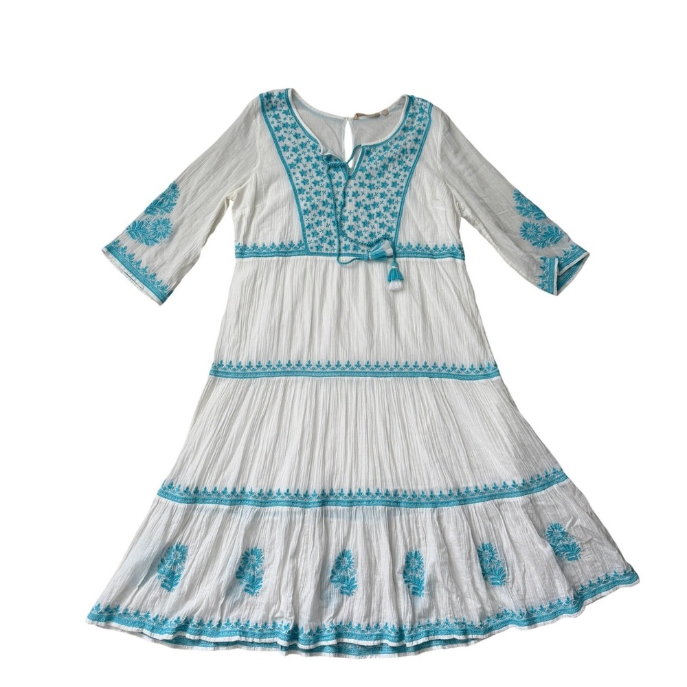 Soft Surroundings Juniper Embroidered XL White Turquoise Summer Graduation Dress - Picture 3 of 11